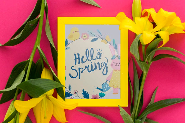 Flat Lay Frame Mockup With Spring Flowers Psd