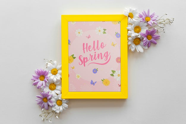 Flat Lay Frame Mockup With Spring Flowers Psd