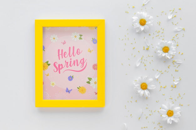 Flat Lay Frame Mockup With Spring Flowers Psd