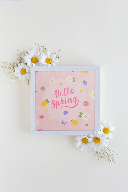 Flat Lay Frame Mockup With Spring Flowers Psd
