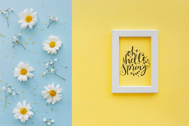 Flat Lay Frame Mockup With Spring Flowers Psd
