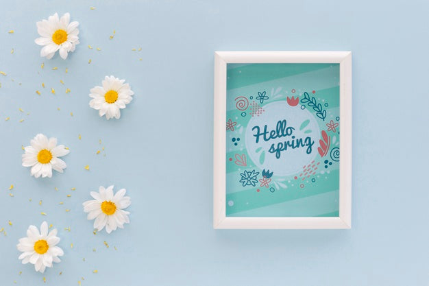 Flat Lay Frame Mockup With Spring Flowers Psd