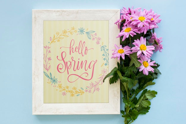 Flat Lay Frame Mockup With Spring Flowers Psd