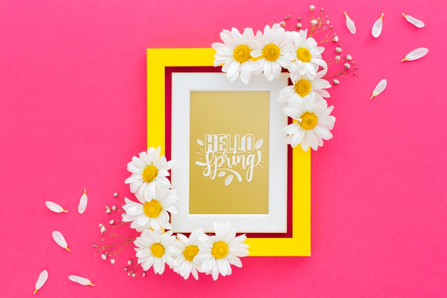 Flat Lay Frame Mockup With Spring Flowers Psd