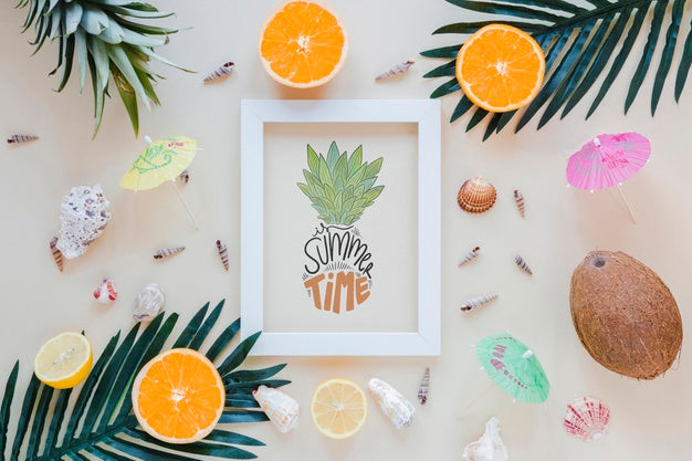 Flat Lay Frame Mockup With Summer Elements Psd