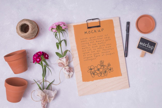 Flat Lay Gardening Elements With Clipboard Mock-Up Psd
