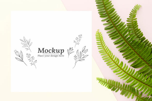 Flat Lay Green Leaves Arrangement With Mock-Up Psd