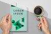 Flat Lay Hands Holding Book Mock-Up And Coffee Psd