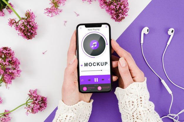 Flat Lay Hands Holding Smartphone Mock-Up Psd