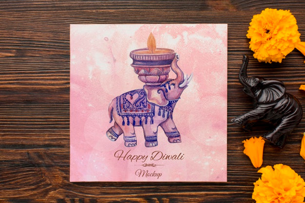 Flat Lay Happy Diwali Festival Mock-Up Drawing And Petals Psd
