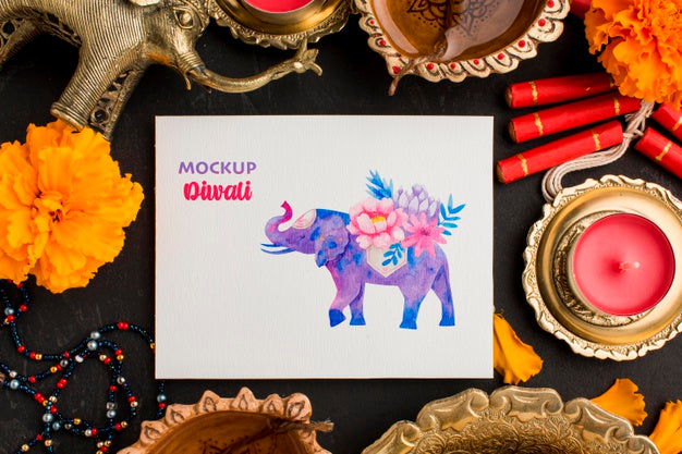Flat Lay Happy Diwali Festival Mock-Up Elephant Drawing Psd