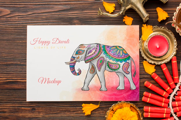 Flat Lay Happy Diwali Festival Mock-Up Fireworks Psd