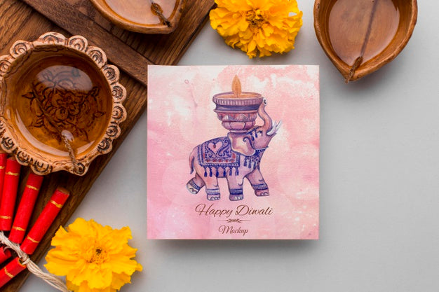 Flat Lay Happy Diwali Festival Mock-Up Squared Card Psd