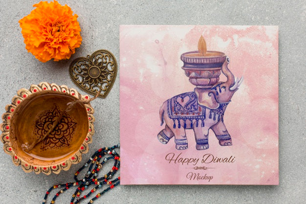 Flat Lay Happy Diwali Festival Mock-Up Watercolour Elephant Psd
