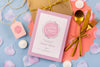 Flat Lay Invitation For Sweet Fifteen And Golden Cutlery Psd