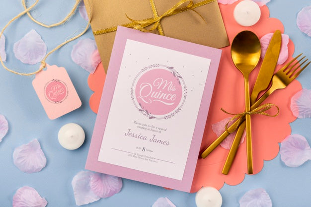 Flat Lay Invitation For Sweet Fifteen And Golden Cutlery Psd