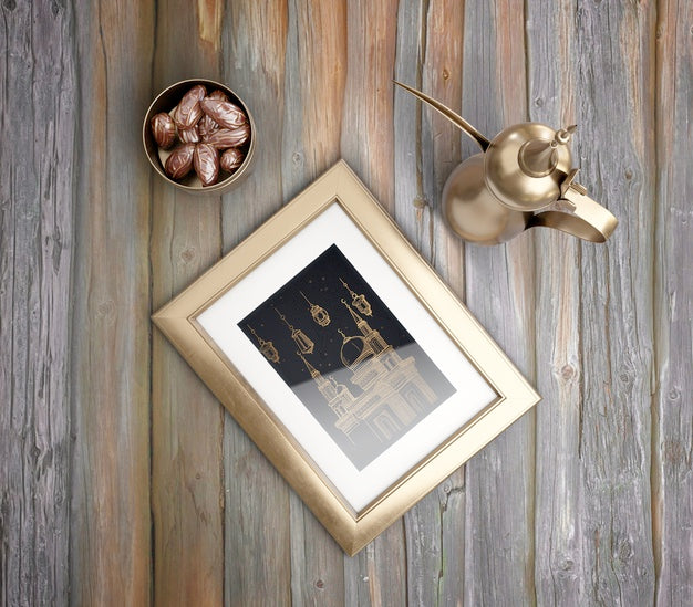 Flat Lay Islamic New Year Arrangement With Frame And Teapot Psd