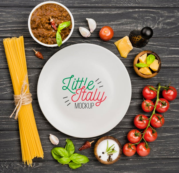 Flat Lay Italian Food And Plate Assortment Psd
