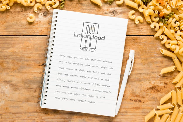 Flat Lay Italian Food Notebook Mock-Up Psd