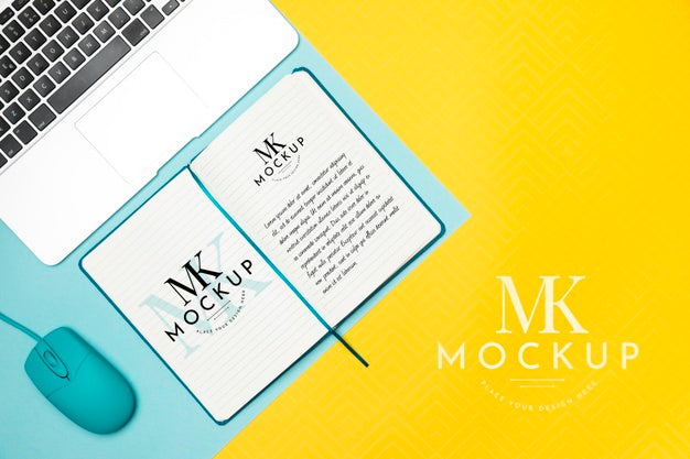 Flat Lay Laptop And Notebook Arrangement Psd