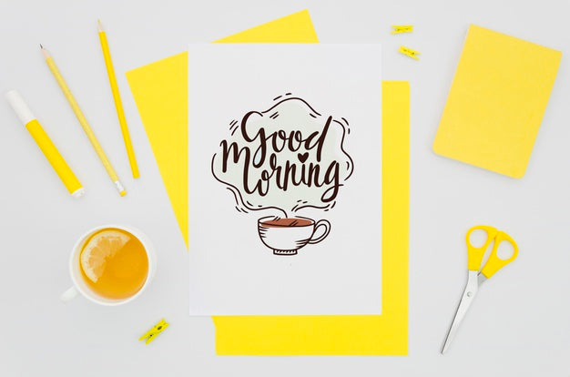 Flat Lay Lovely Paper Mock-Up With Yellow Objects Psd
