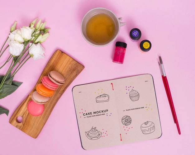 Flat Lay Macarons And Tea Arrangement Psd