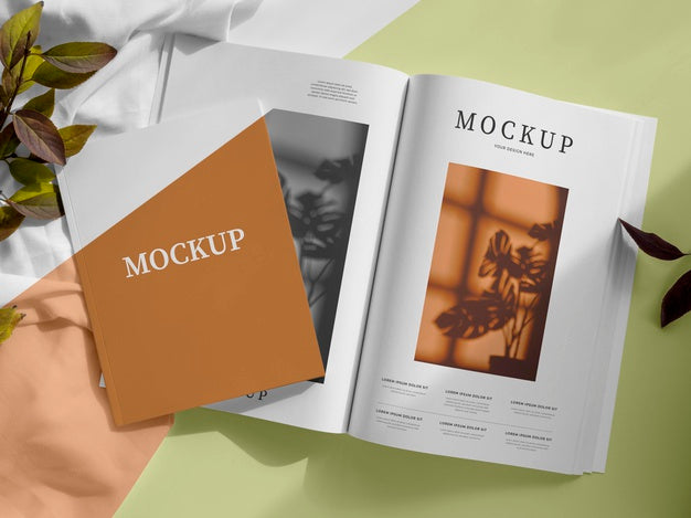 Flat Lay Magazine And Leaves Mockup Psd