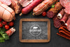 Flat Lay Meat Products With Chalkboard Mock-Up Psd