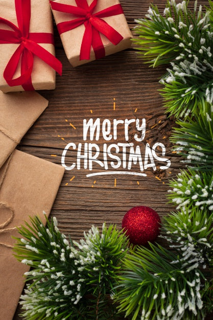 Flat Lay Merry Christmas And Christmas Pine Leaves Psd