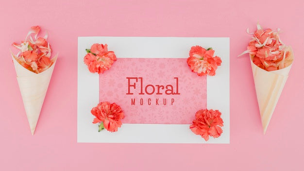 Flat Lay Mock-Up And Paper Cones With Flower Psd