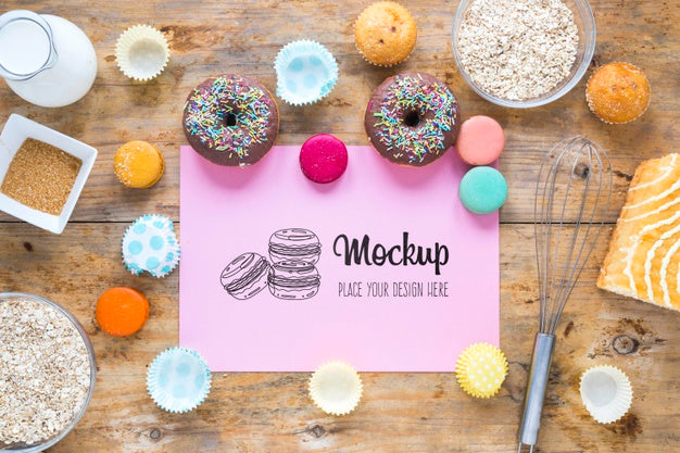 Flat Lay Mock-Up With Delicious Doughnuts Psd