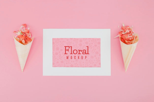 Flat Lay Mock-Up With Flowers In Paper Cones Psd