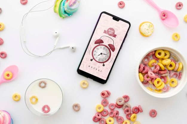 Flat Lay Morning Breakfast With Smartphone Mock Up Psd