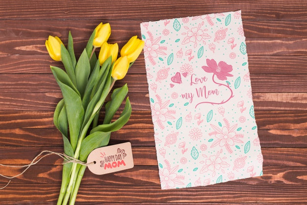 Flat Lay Mothers Day Composition With Card Mockup Psd