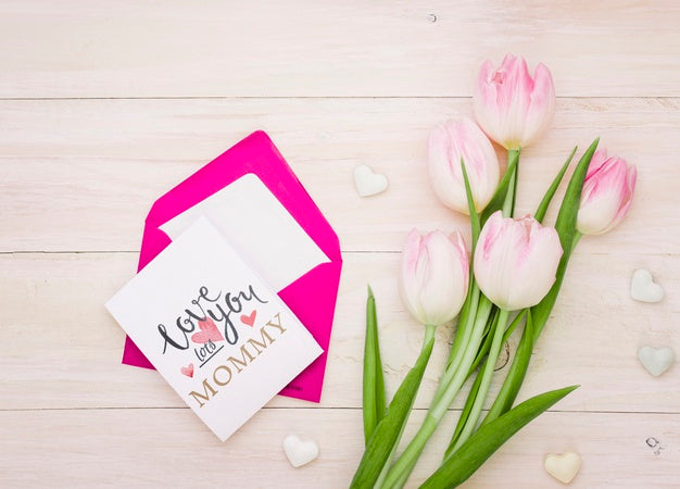 Flat Lay Mothers Day Composition With Card Mockup Psd