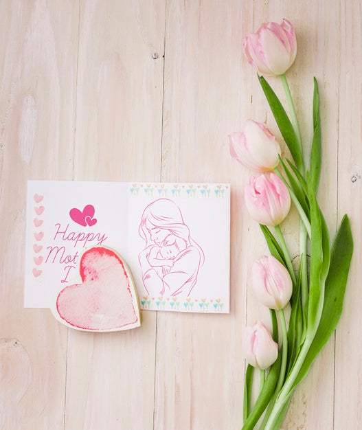 Flat Lay Mothers Day Composition With Card Mockup Psd