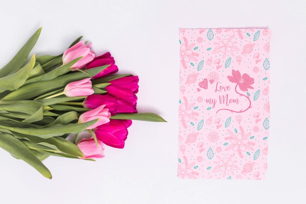 Flat Lay Mothers Day Composition With Card Mockup Psd
