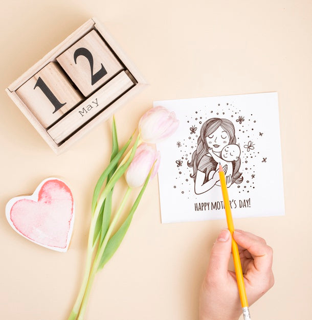 Flat Lay Mothers Day Composition With Card Mockup Psd