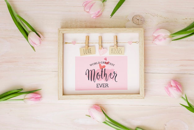 Flat Lay Mothers Day Composition With Frame Mockup Psd