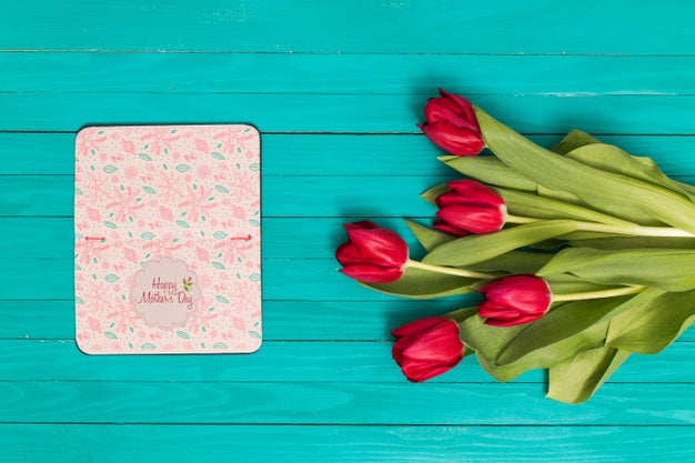 Flat Lay Mothers Day Composition With Open Book Mockup Psd