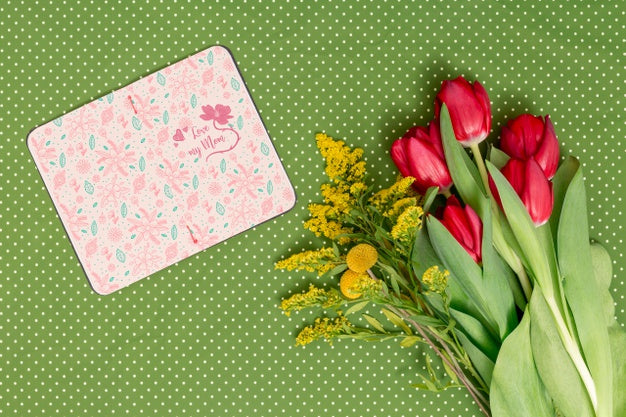 Flat Lay Mothers Day Composition With Open Book Mockup Psd