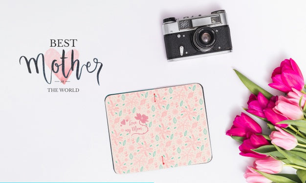 Flat Lay Mothers Day Composition With Open Book Mockup Psd