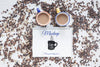 Flat Lay Mugs Filled With Coffee And Coffee Beans Psd