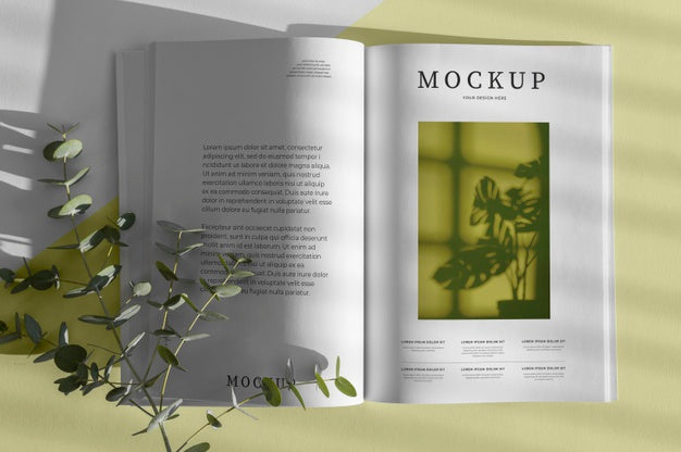 Flat Lay Nature Magazine Cover Mock-Up With Leaves Composition Psd