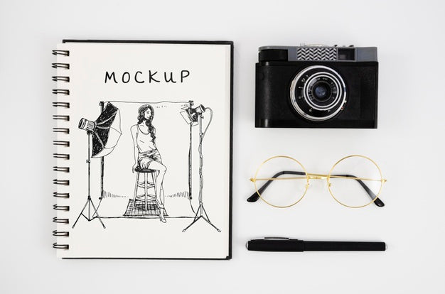 Flat Lay Notebook Camera Arrangement Psd