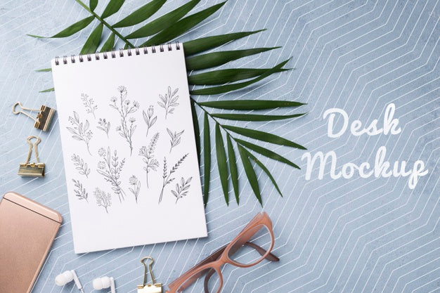 Flat Lay Notebook Mock-Up And Stationery Near Glasses Psd
