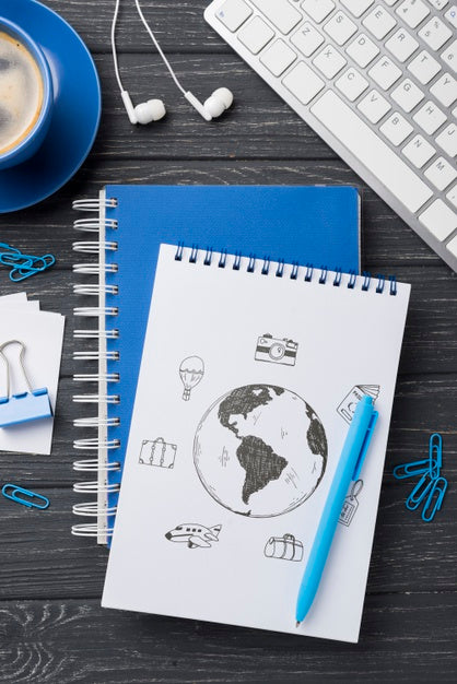 Flat Lay Notebook Mock-Up And Stationery Near Keyboard And Coffee Psd