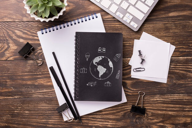 Flat Lay Notebook Mock-Up And Stationery Near Succulent Plant And Keyboard Psd