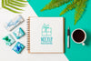 Flat Lay Notebook Mock-Up Next To Birthday Gifts Psd