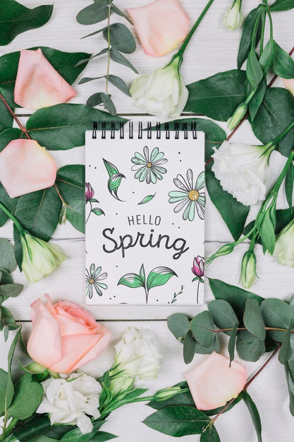 Flat Lay Notepad Mockup With Spring Concept Psd